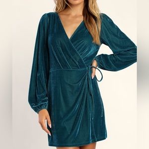 Lulu’s Luxe to the Touch Teal Blue Velvet Long Sleeve Wrap Mini Dress